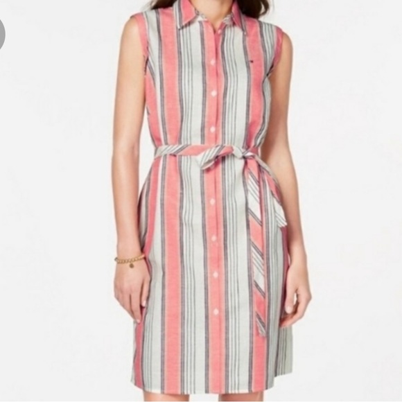 Tommy Hilfiger linen coral vertical stripe dress - Picture 3 of 8